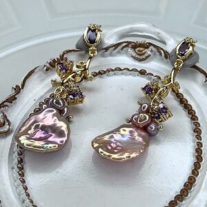 RARE Handmade Premium Huge Freshwater Golden Keshi Pearl Crystal Earrings